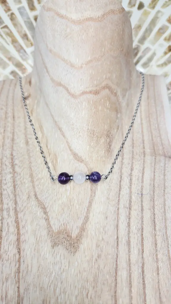 COLLIER TÉRÉLIA ARGENTÉ AMÉTHYSTE, QUARTZ ROSE A