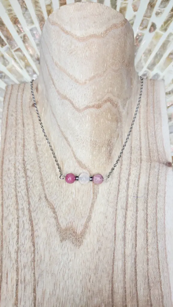COLLIER TÉRÉLIA ARGENTÉ QUARTZ ROSE, RHODONITE A