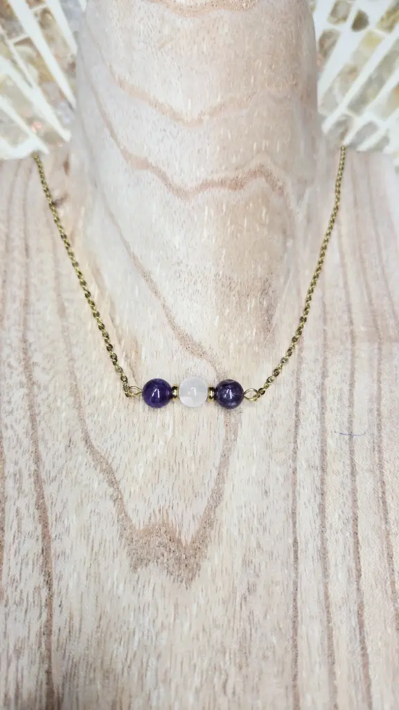 COLLIER TÉRÉLIA DORÉ AMÉTHYSTE, QUARTZ ROSE A