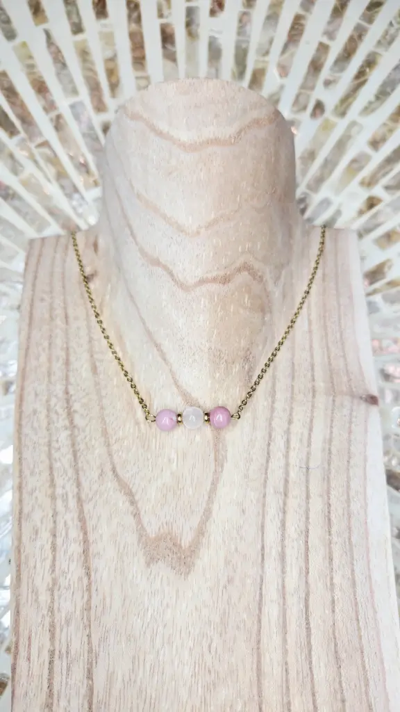 COLLIER TÉRÉLIA DORÉ QUARTZ ROSE, RHODONITE A
