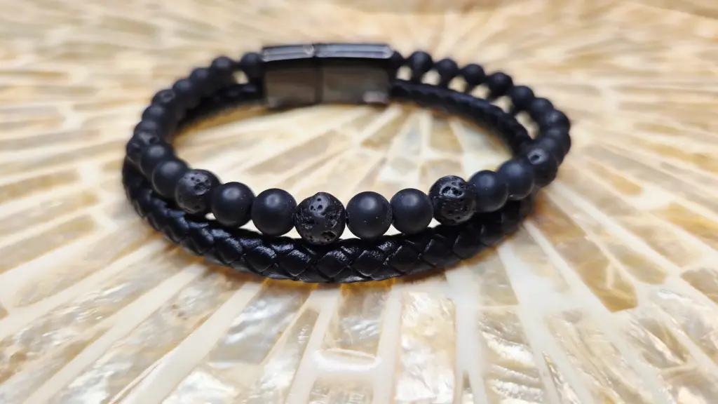 BRACELET HOMME ASKA CUIR NOIR PIERRE DE LAVE ET SHUNGITE A