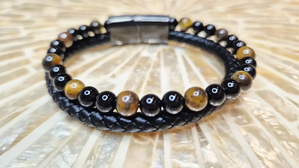 BRACELET HOMME ASKA CUIR NOIR OEIL DE TIGRE ET ONYX A