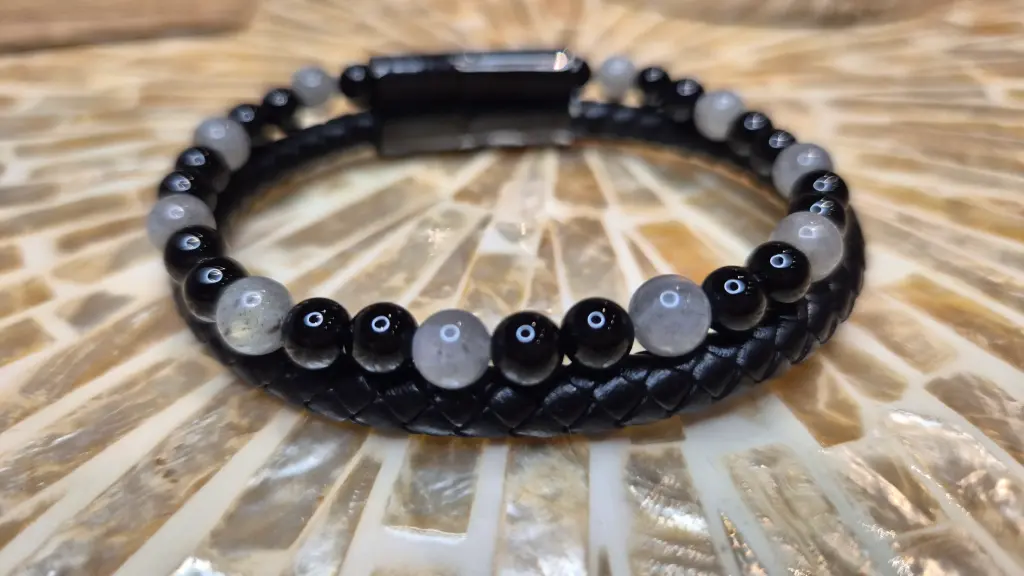 BRACELET HOMME ASKA CUIR NOIR LABRADORITE ET ONYX A