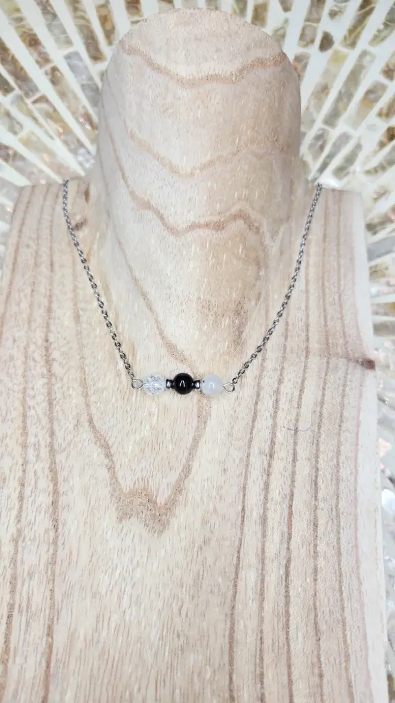 COLLIER TERELIA ARGENTE CRISTAL DE ROCHE TOURMALINE ONYX CRISTAL DE ROCHE A