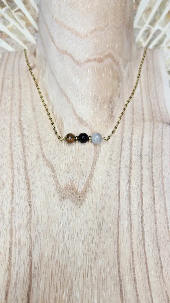 COLLIER TERELIA DORE OEIL DE TIGRE ONYX LABRADORITE A