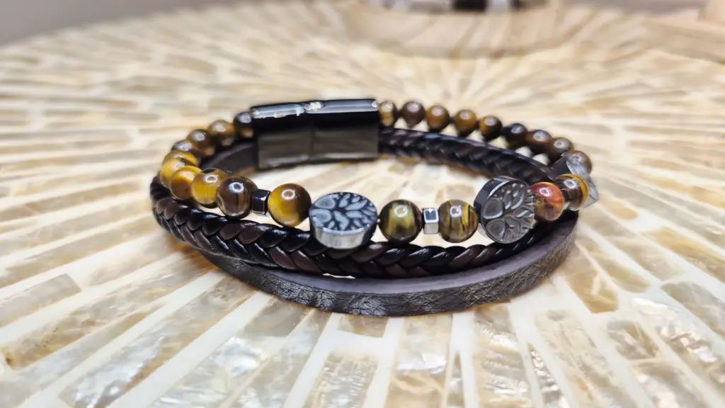 BRACELET HOMME KORU CUIR BRUN OEIL DE TIGRE A